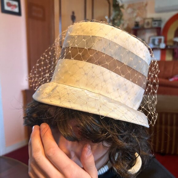 1960s peach basket MOD brown and grey striped birdcage veil hat - made in the us - Picture 7 of 14